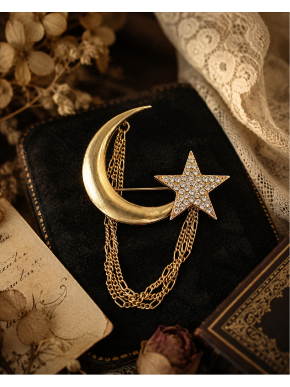 Vintage Gold Tone Crescent Moon & Rhinestone Star Convertible Brooch Pendant